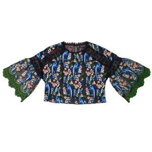 Topshop Women Top Crop Colorful Floral Embroidered Mesh Blouse 3/4 Bell Sleeve 4